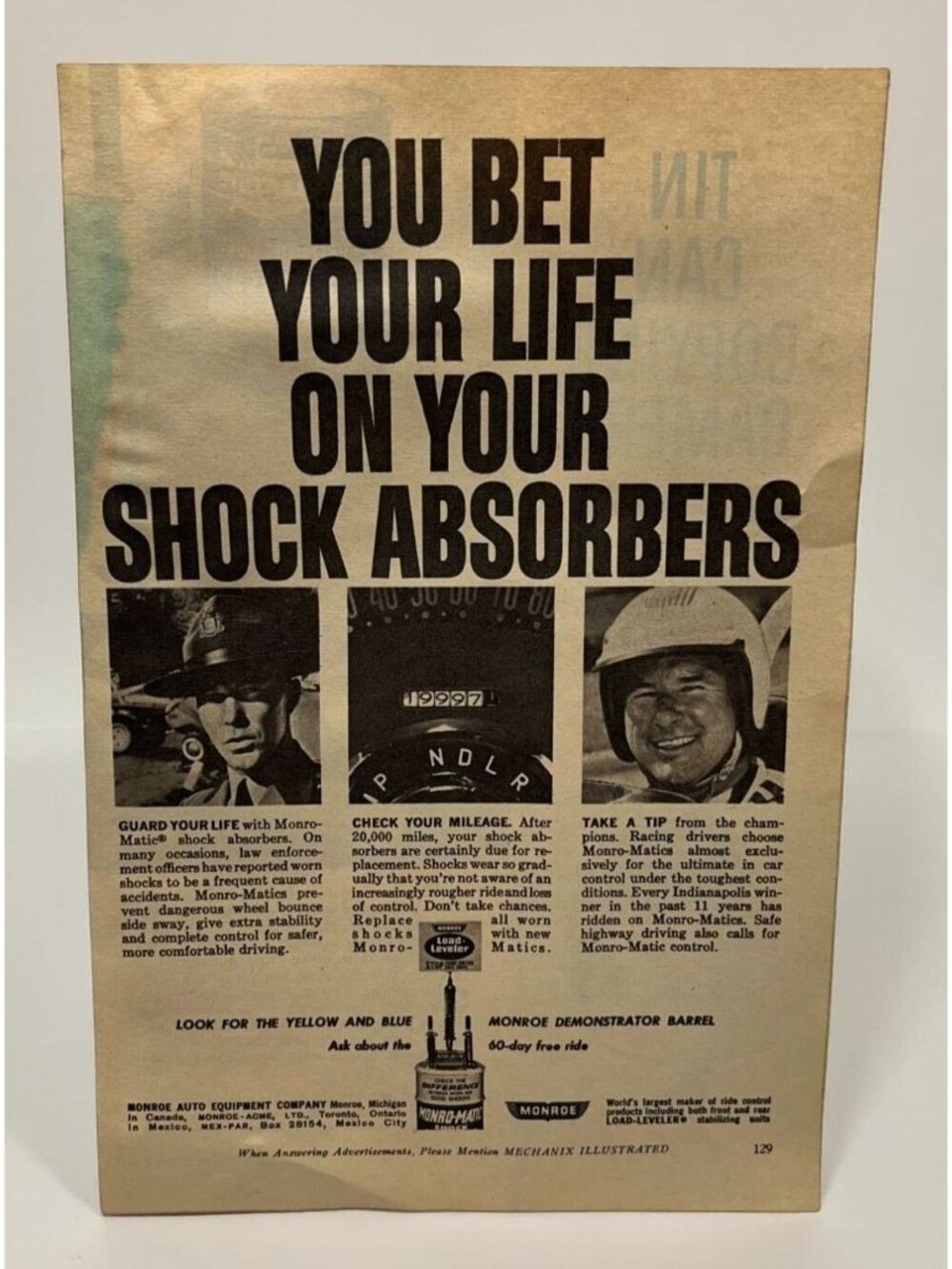 Monroe Shock Absorbers Vintage Print Ad 1960s Auto Racing Law Enforcement